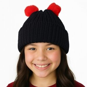 Hand Knit One Of A Childs Size Beanie With Faux Fur Pom Poms